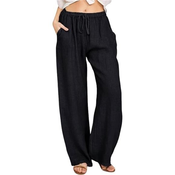 Women's Summer Drawstring Waist Wide Leg Loose Cotton Linen Palazzo Pants